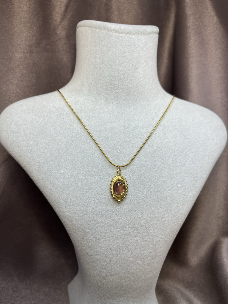 Amber Taşlı Işıltılı Madalyon Kolye