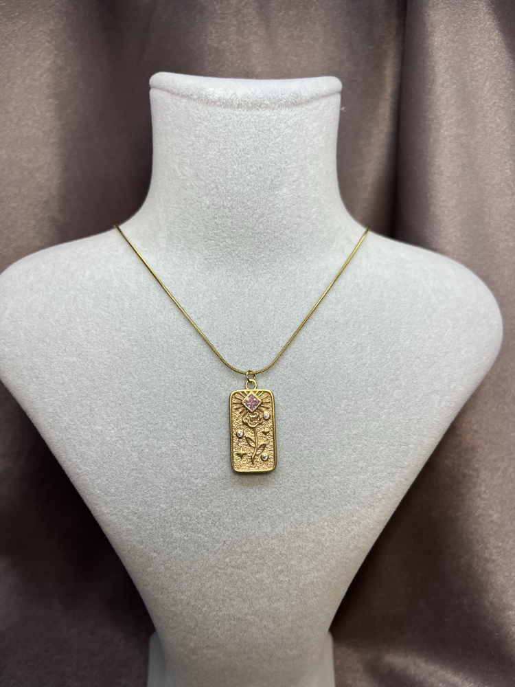 Vintage Pembe Taşlı Gold Çelik Kolye