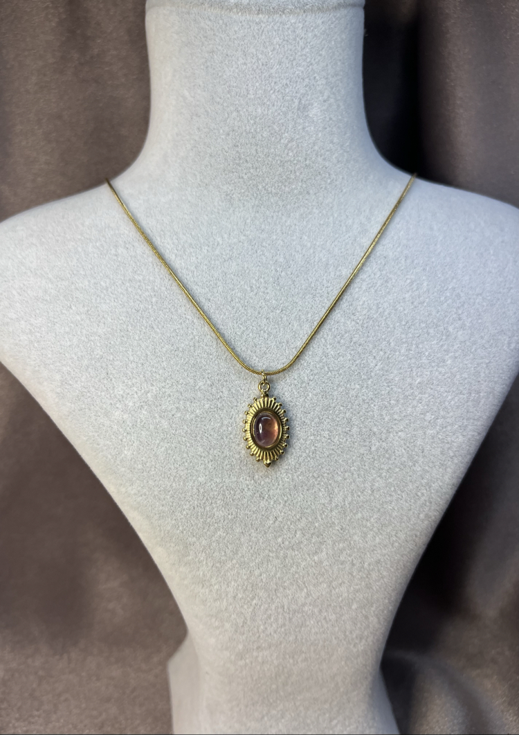 Amber Taşlı Işıltılı Madalyon Kolye