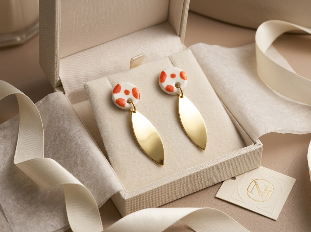El Yapımı Porselen & Gold Detaylı Küpe