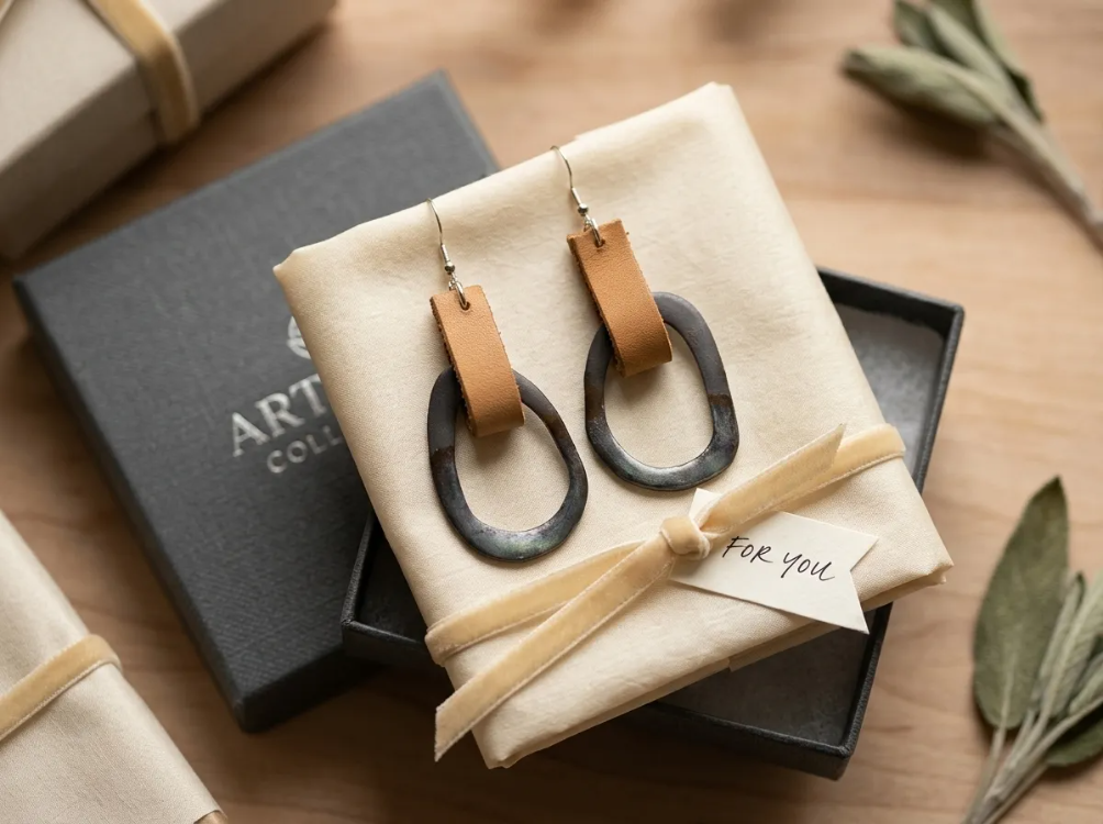 El Yapımı Stoneware & Kahverengi Deri Küpe