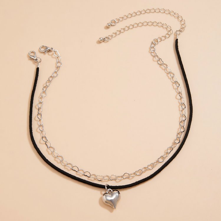 Kalp zincirli deri choker kolye seti