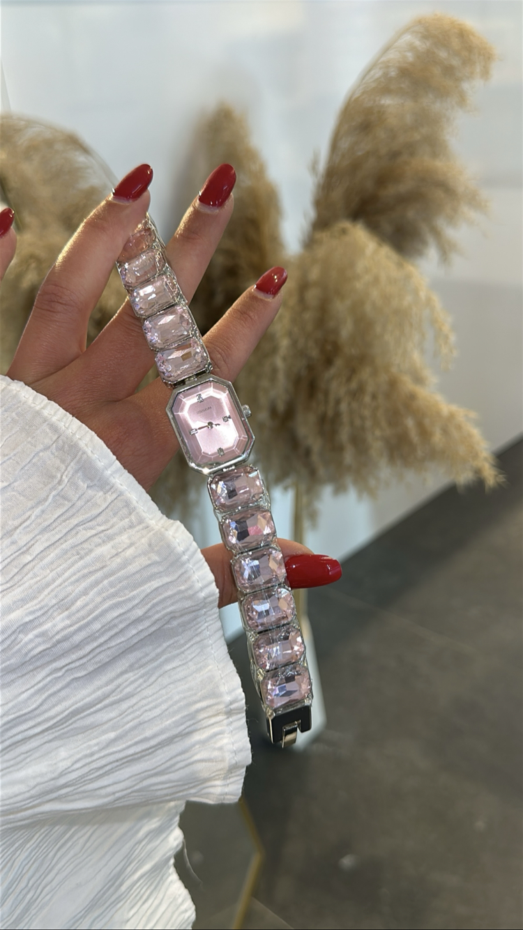 Saat Kadran Pembe Renk Pembe Cam Taşlı Kordon Çelik
