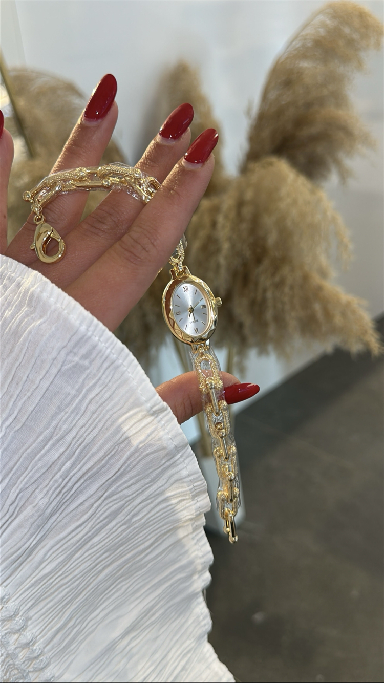 Saat Kadran Beyaz Renk Gold Taşlı Kordon Çelik