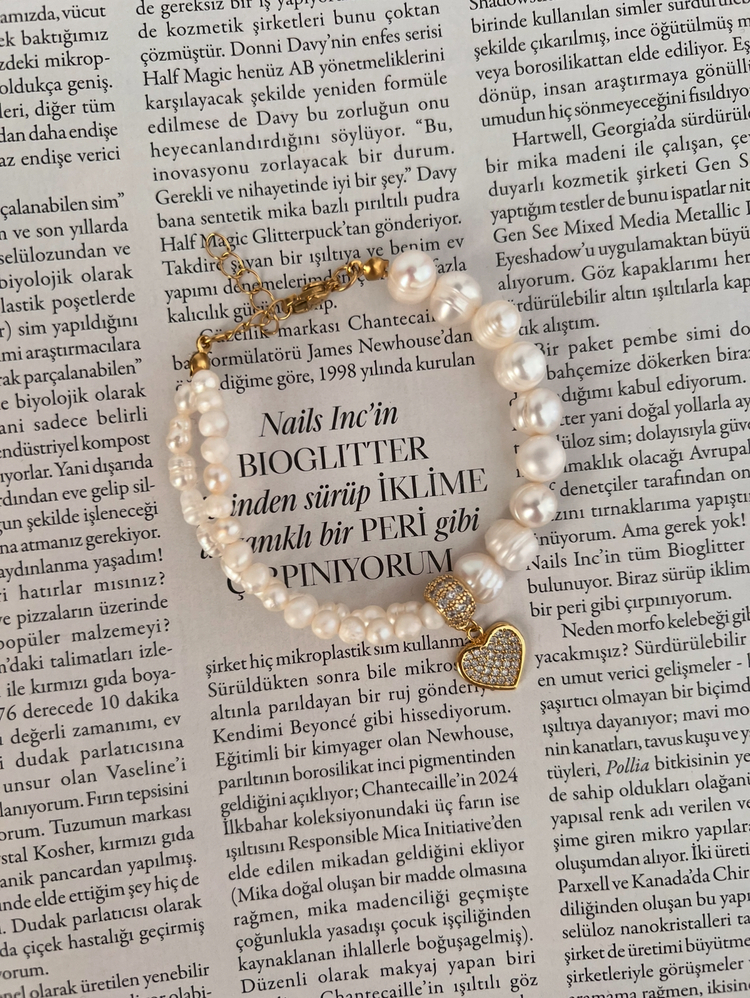 İki Şeritli Kalpli İnci Bileklik