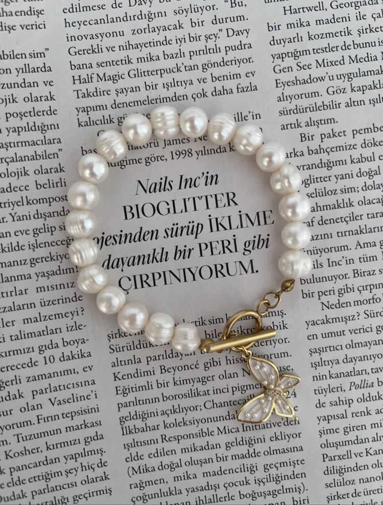 İnci İşlemeli Kelebek Charm İnci Bileklik
