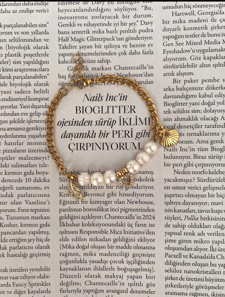 İstiridye Kalp Charm Zincir İnci Bileklik