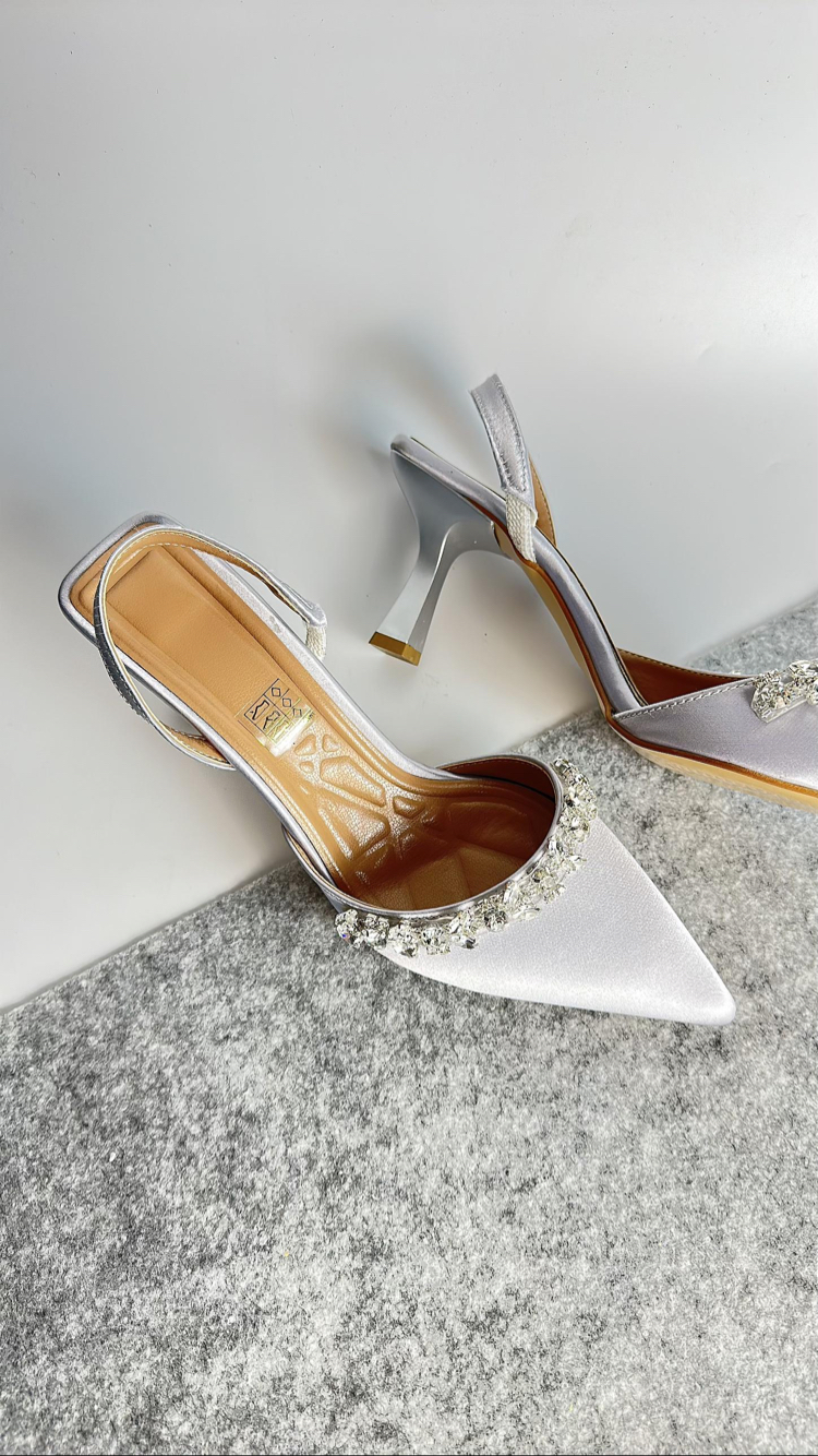 Gümüş saten 6 cm topuklu ayakkabı
