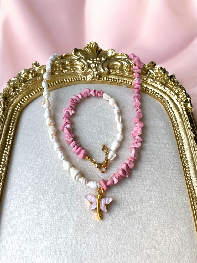Pembe Kuvars Doğaltaş Kolye Takım