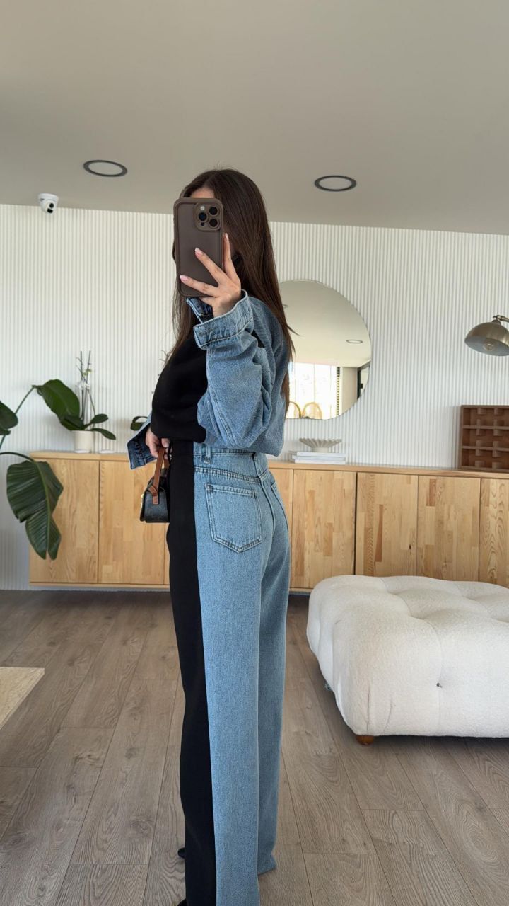 Denim Detaylı Siyah Takım 