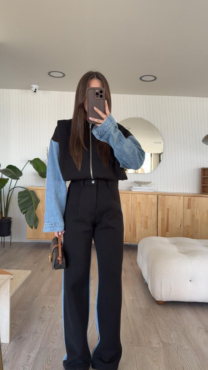 Denim Detaylı Siyah Takım 