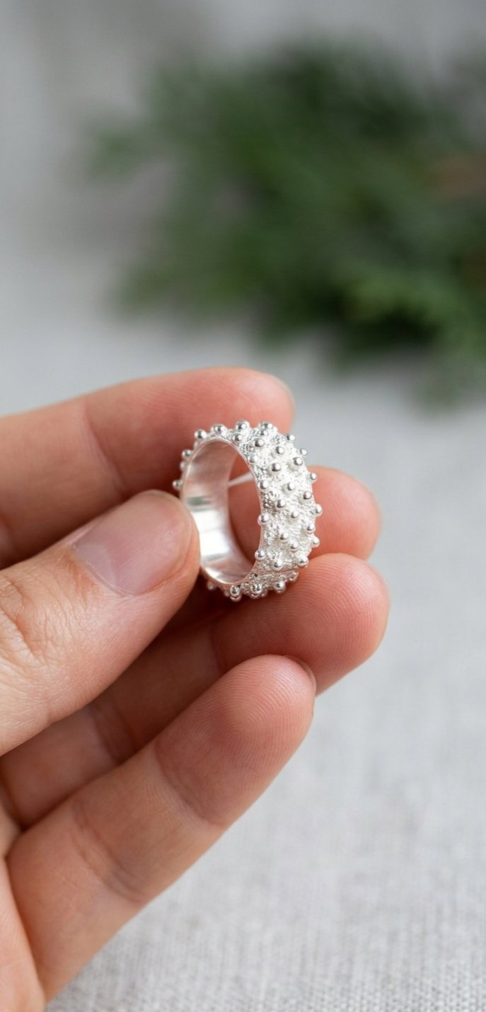 Gümüş Yüzük Kişniş İki Sıra Telkari 925 Ayar  Altı Açık Model 55 mm 15 Numara 