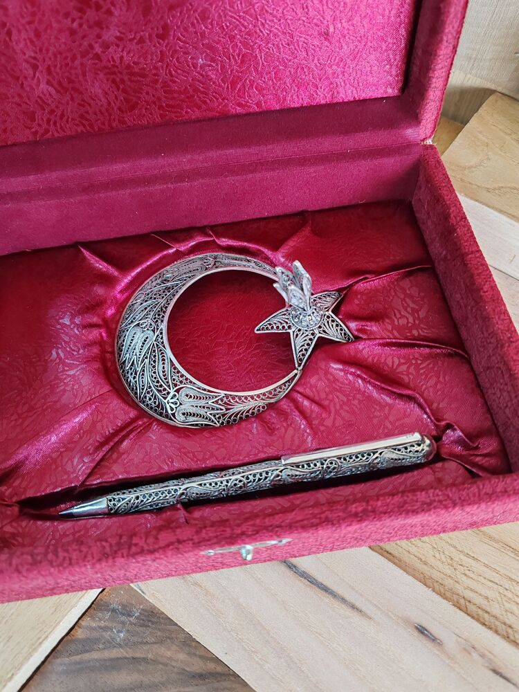 Gümüş Kalem Telkari Ay yıldız kalemlik masaüstü kalem ve altlık 925 ayar el yapımı 