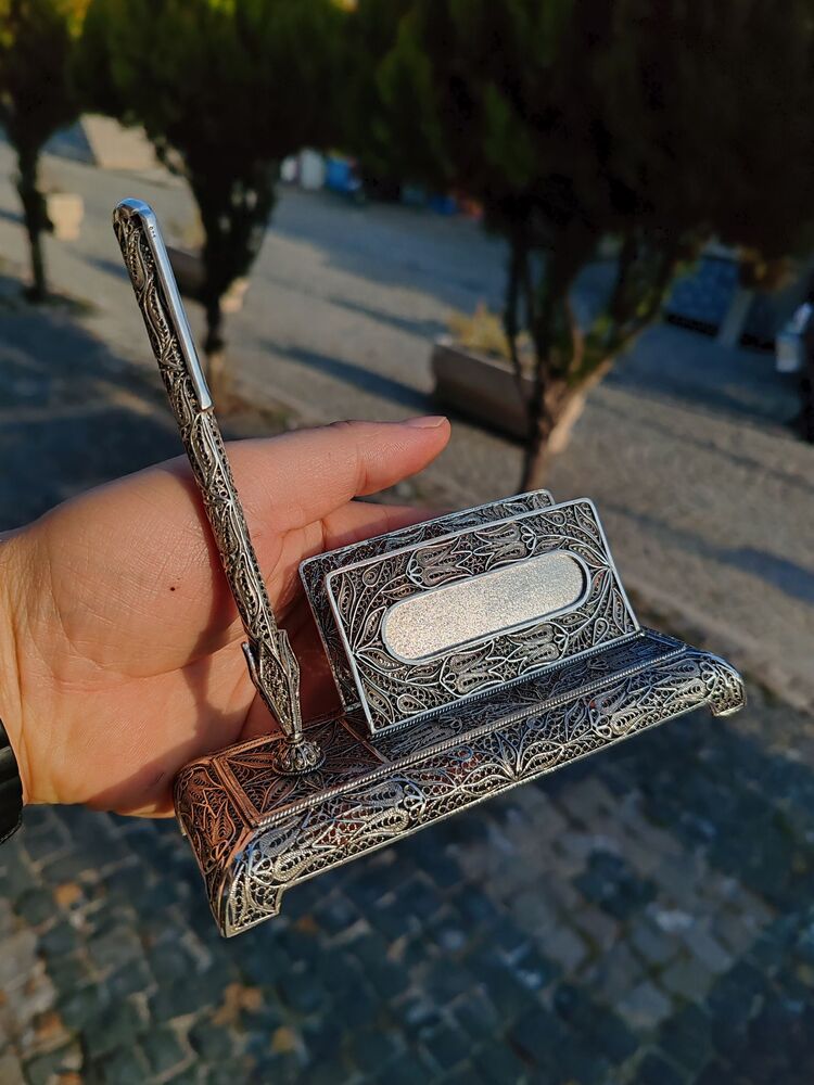 Telkari Gümüş Kalem Masaüstü  Kartvizitlik 925 ayar El Yapımı 