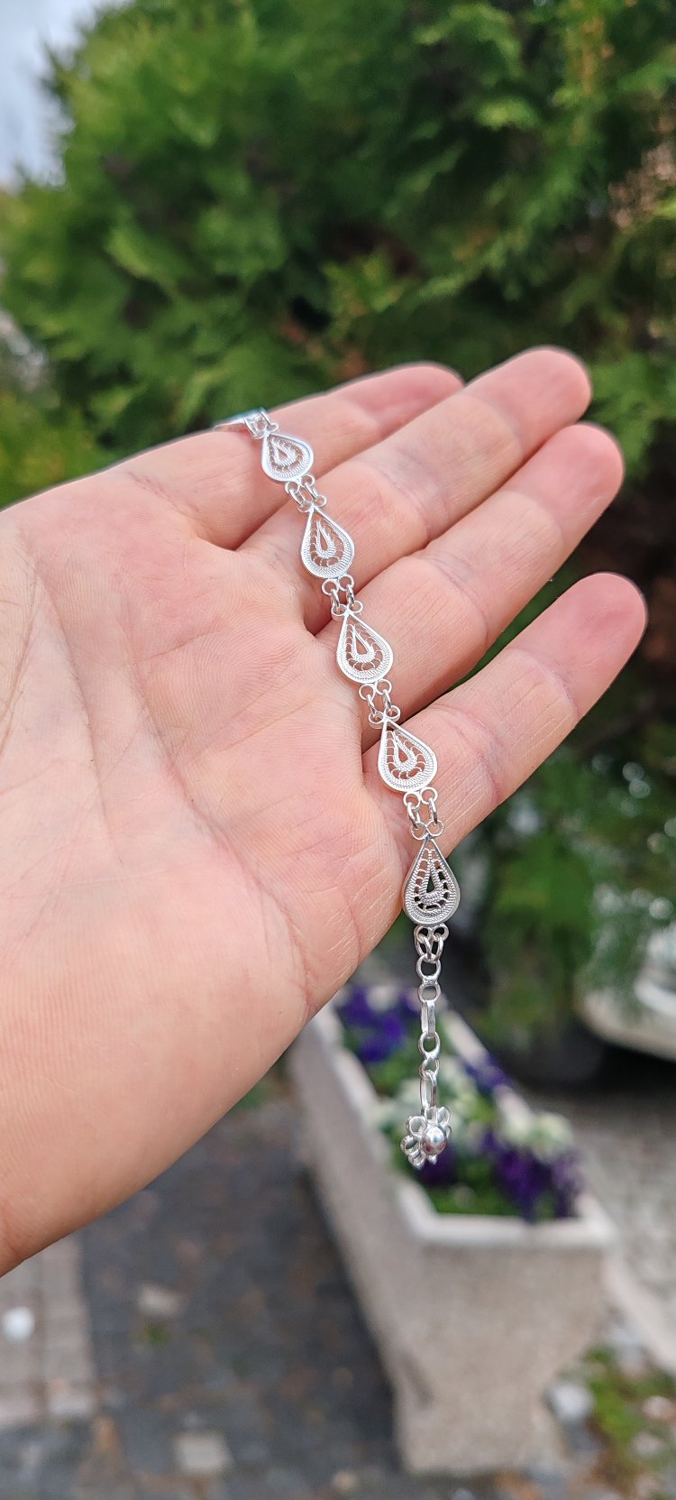 Telkari Gümüş Kadın Bileklik El Yapımı Damla Model 
