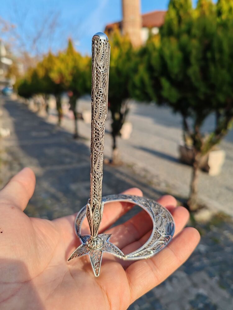 Gümüş Kalem Telkari Ay yıldız kalemlik masaüstü kalem ve altlık 925 ayar el yapımı 