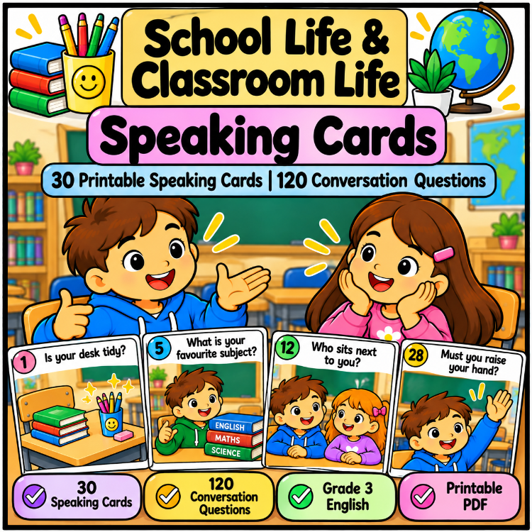 3RD GRADE SCHOOL LIFE & CLASROOM LIFE SPEAKING CARDS