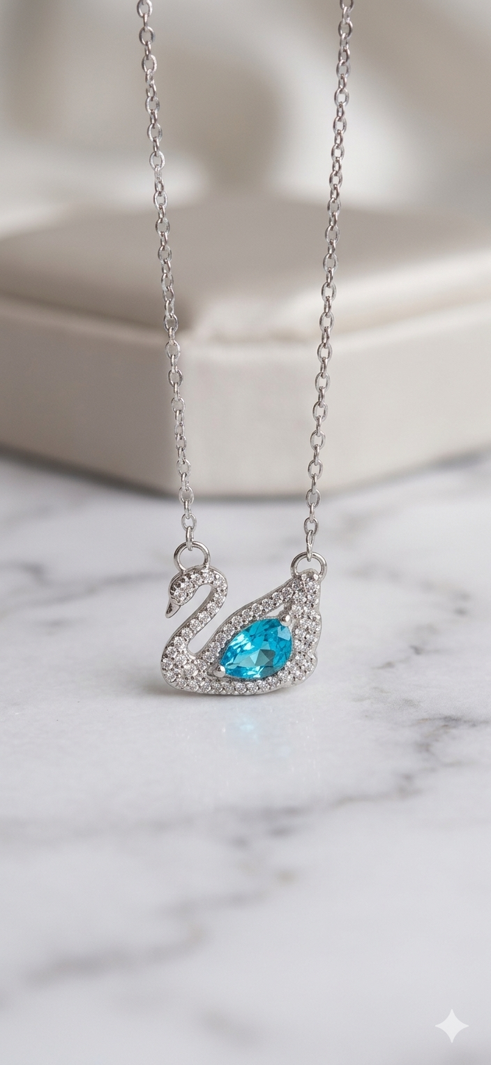 MAVİ TAŞLI SWAROVSKI MODEL KUĞU KOLYE 