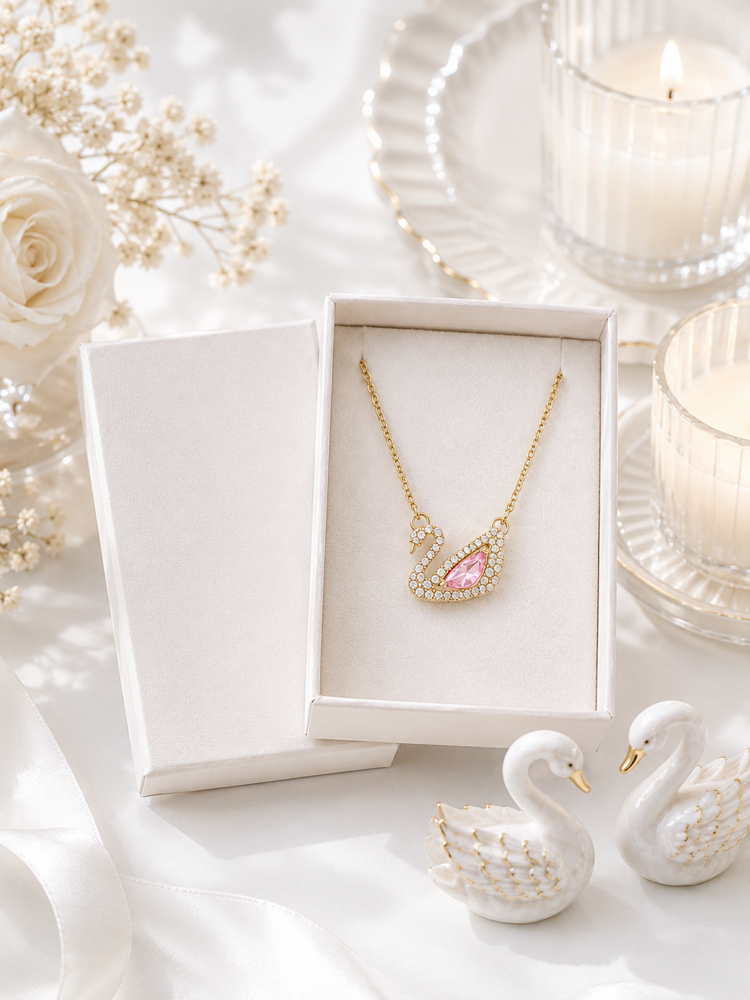 GOLD RENK PEMBE TAŞLI KUĞU KOLYE ÇELİK