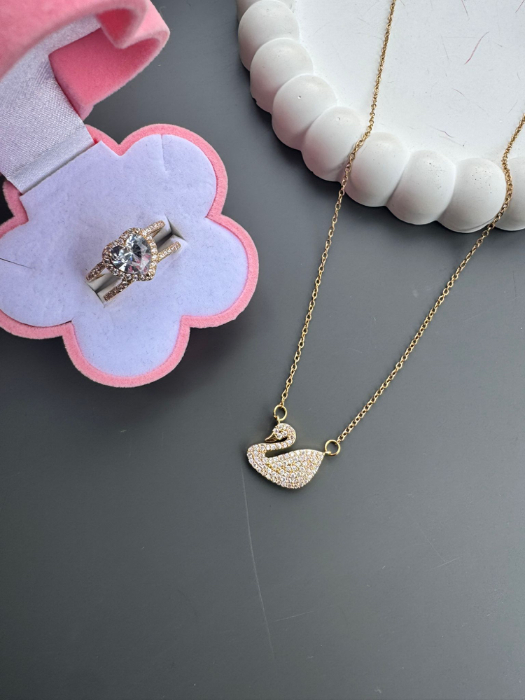 GOLD KUĞU KOLYE YÜZÜK SETİ ÇELİK 