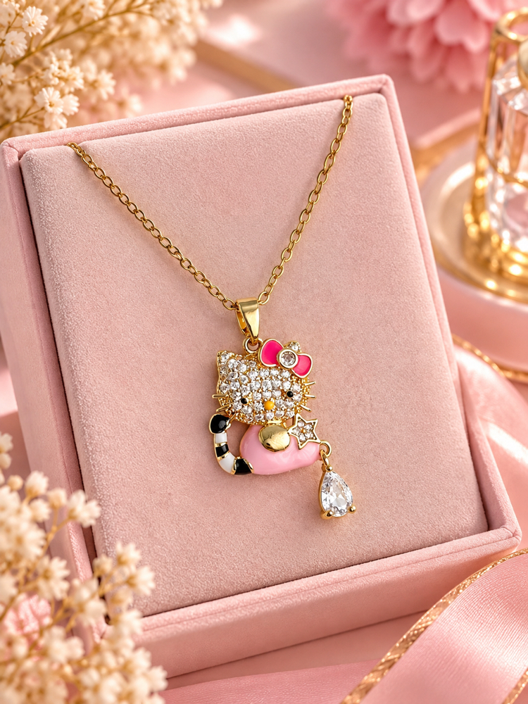 GOLD DAMLA TAŞLI HELLO KİTTY KOLYE ÇELİK