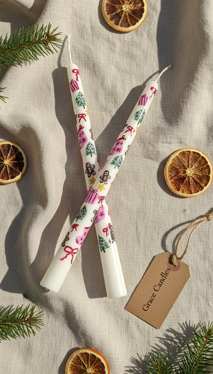 Yılbaşı Motifli El Boyaması Şamdan Mum (2li Set) El Dökümü