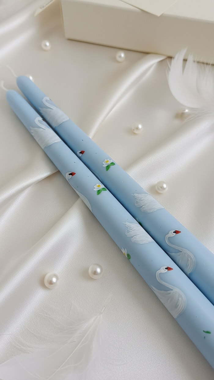 Kuğu Motifli El Boyaması Şamdan Mum (2li Set) El Dökümü
