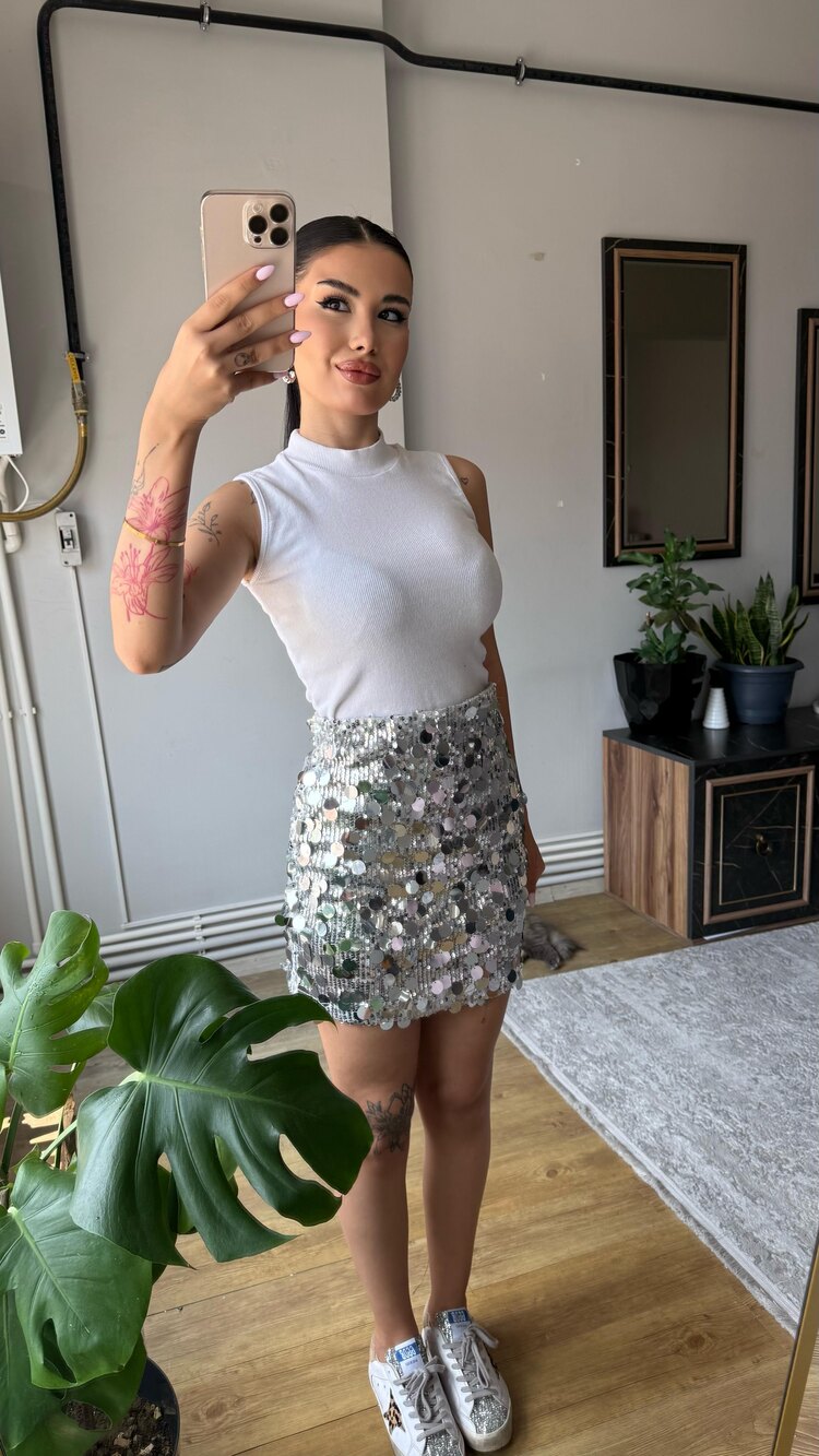 Zara model gümüş pulpayet etek