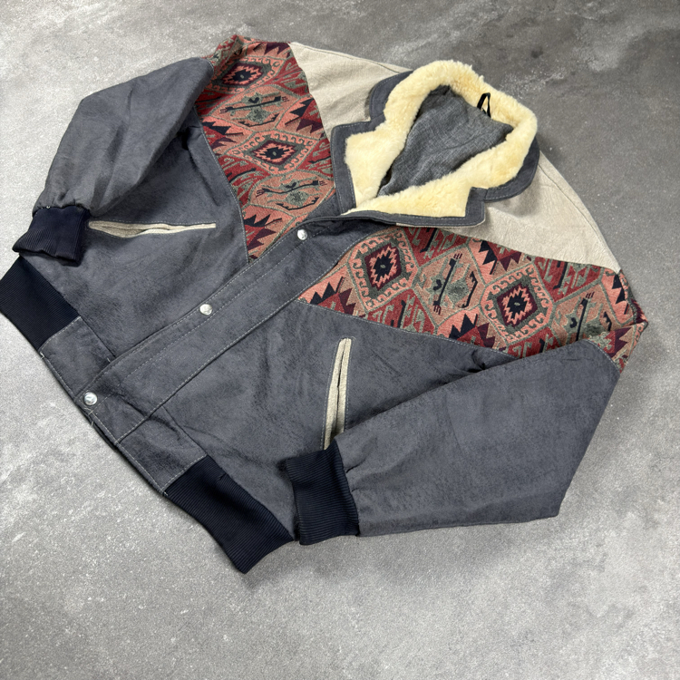 (M) Vintage 90s Southwestern Aztec Sherpa Collar Bomber Jacket
