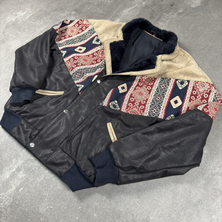 (M) Vintage Aztec Leather Sherpa Collar Western Bomber Jacket