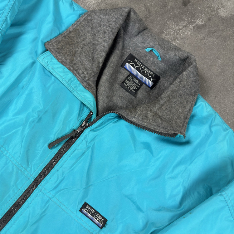 (XL) Vintage White Sierra Teal Fleece-Lined Ski Bomber Jacket