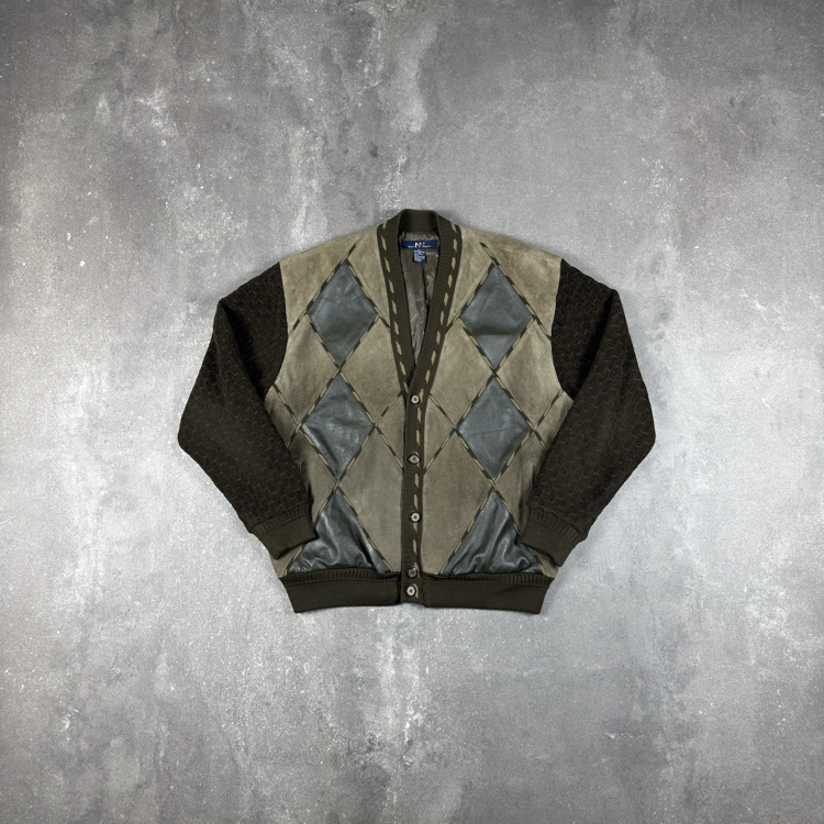 (XL) Vintage North Winds Leather Panel Argyle Cardigan