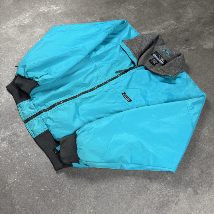 (XL) Vintage White Sierra Teal Fleece-Lined Ski Bomber Jacket