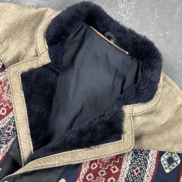 (M) Vintage Aztec Leather Sherpa Collar Western Bomber Jacket