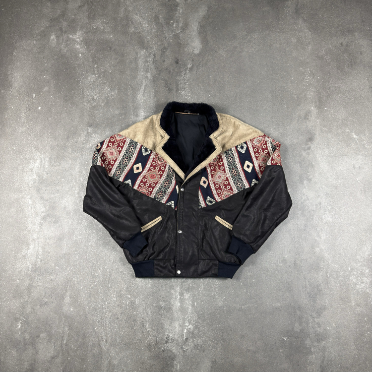 (M) Vintage Aztec Leather Sherpa Collar Western Bomber Jacket