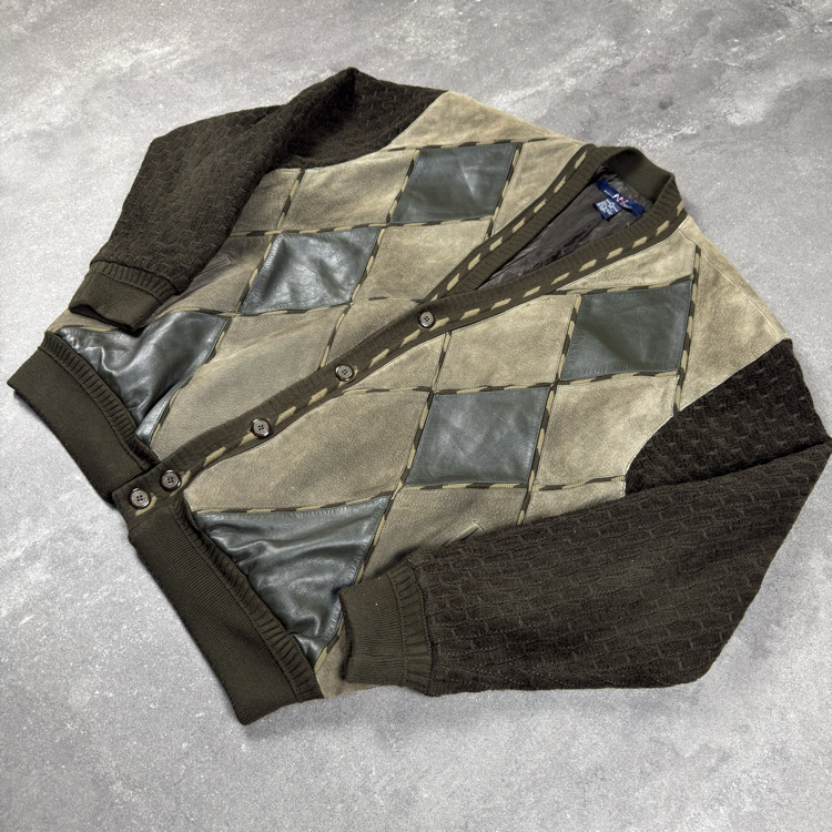 (XL) Vintage North Winds Leather Panel Argyle Cardigan