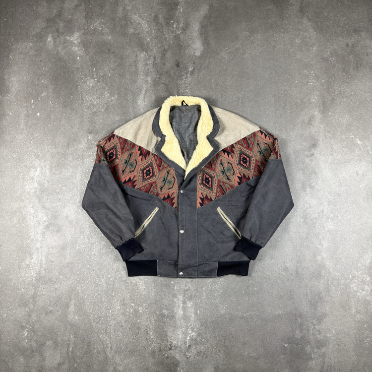 (M) Vintage 90s Southwestern Aztec Sherpa Collar Bomber Jacket