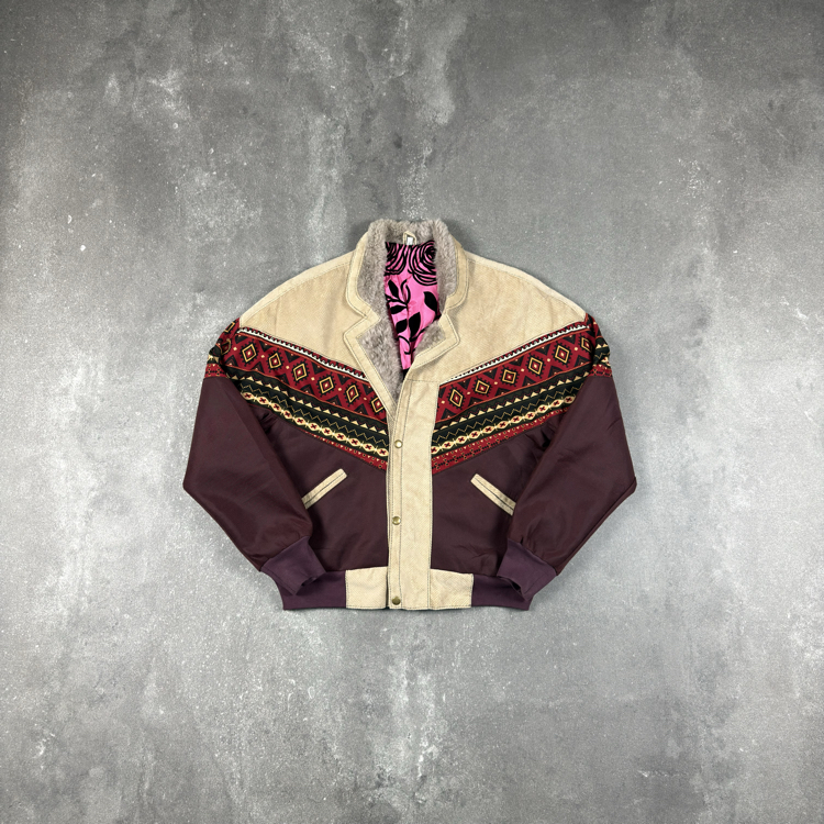 (S) Vintage Western Aztec Corduroy Panel Sherpa Bomber Jacket