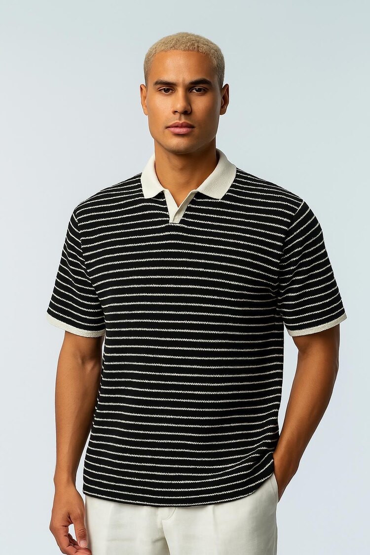 Çizgili Polo Yaka T-shirt-Siyah