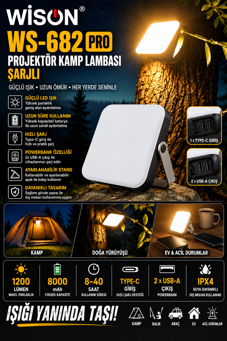 YENİ - PROJEKTÖR ŞARJLI LAMBA - wison Ws 682