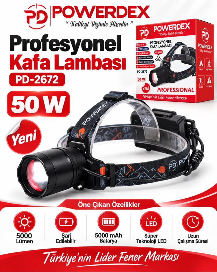 YENİ - 5000 LÜMEN KAFA FENERİ POWERDEX 2672