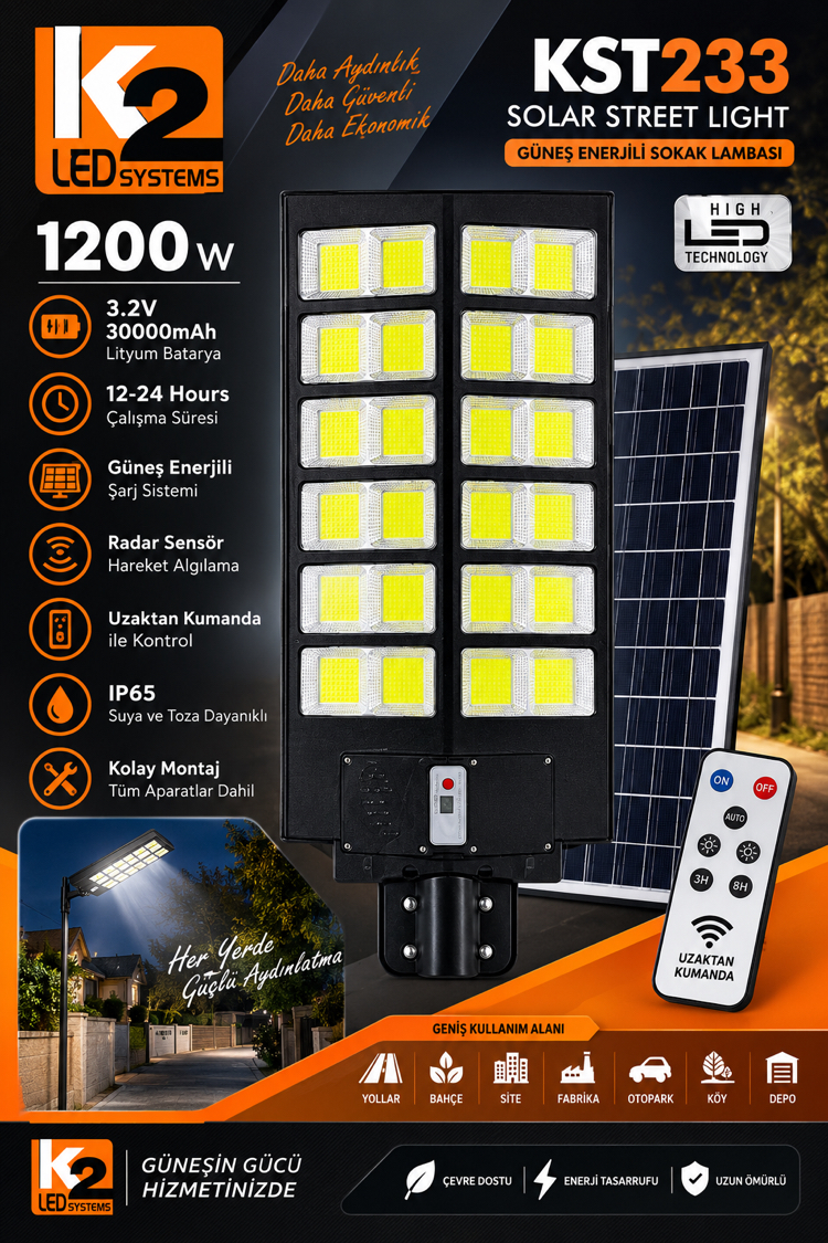 YENİ - 1200 W BÜYÜK BOY SOKAK LAMBASI GÜNEŞ ENERJİLİ 