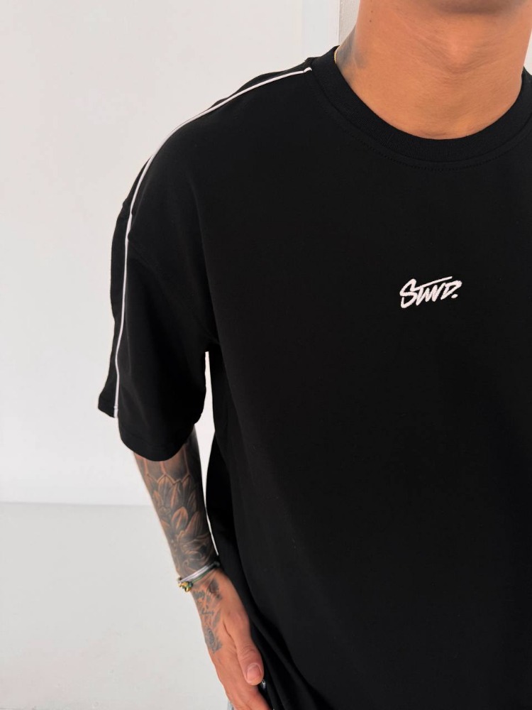 Bisiklet Yaka Oversize Stw Biyeli Tişört Siyah