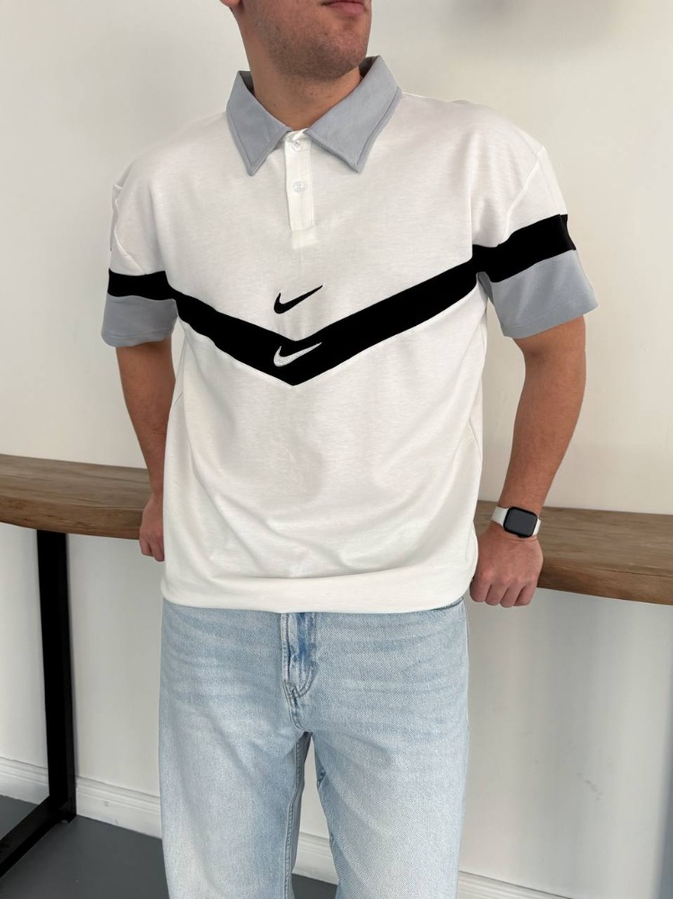 POLO YAKA CİFT NK LOGO NAKIŞ OVERSİZE TSHİRT BEYAZ