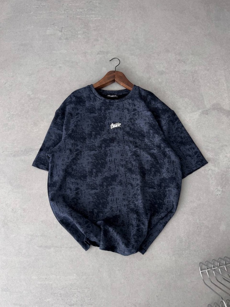 Bisiklet Yaka Oversize Yıkamalı Tshirt Lacivert