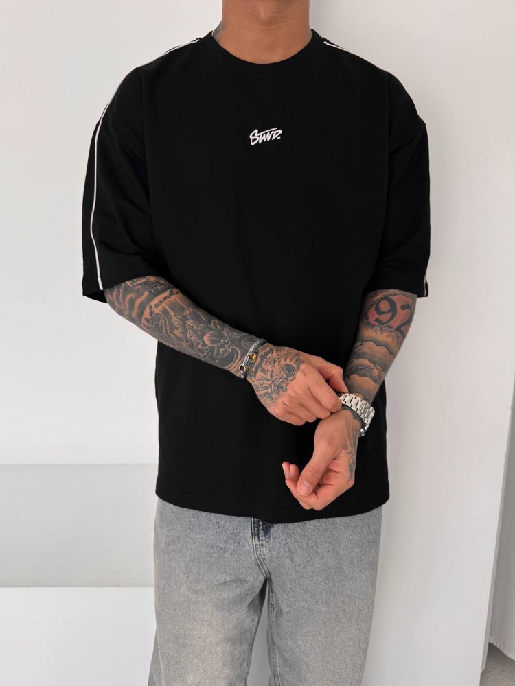 Bisiklet Yaka Oversize Stw Biyeli Tişört Siyah
