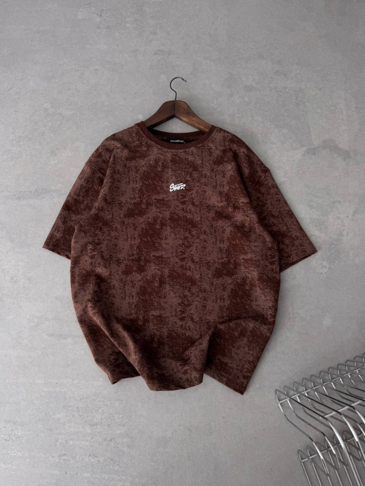 Bisiklet Yaka Oversize Yıkamalı Tshirt Kahve