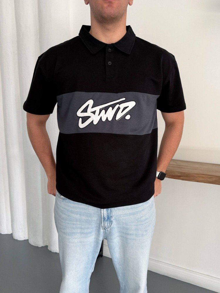 Polo Yaka Orta Şerit Stw Nakış Tshirt