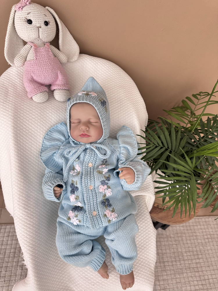 Mavi çiçekli takım 3-6 ay kız bebek için