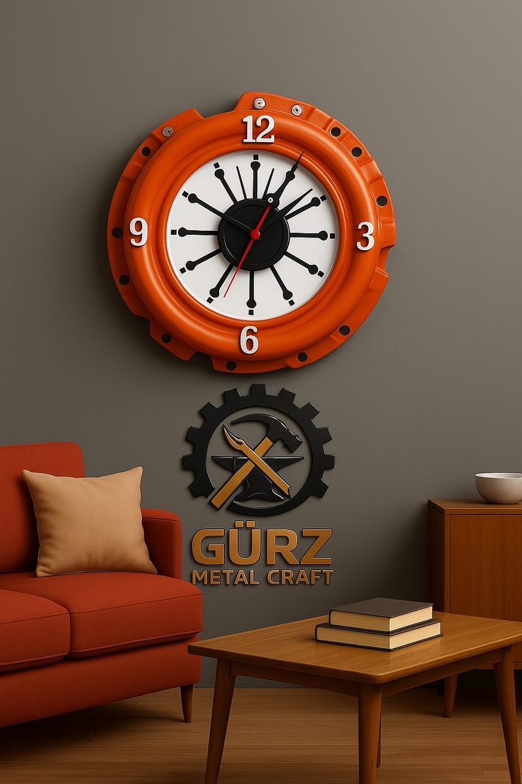 Turuncu Baskı Balatasından El Yapımı Duvar Saati | Gürz Metal Craft